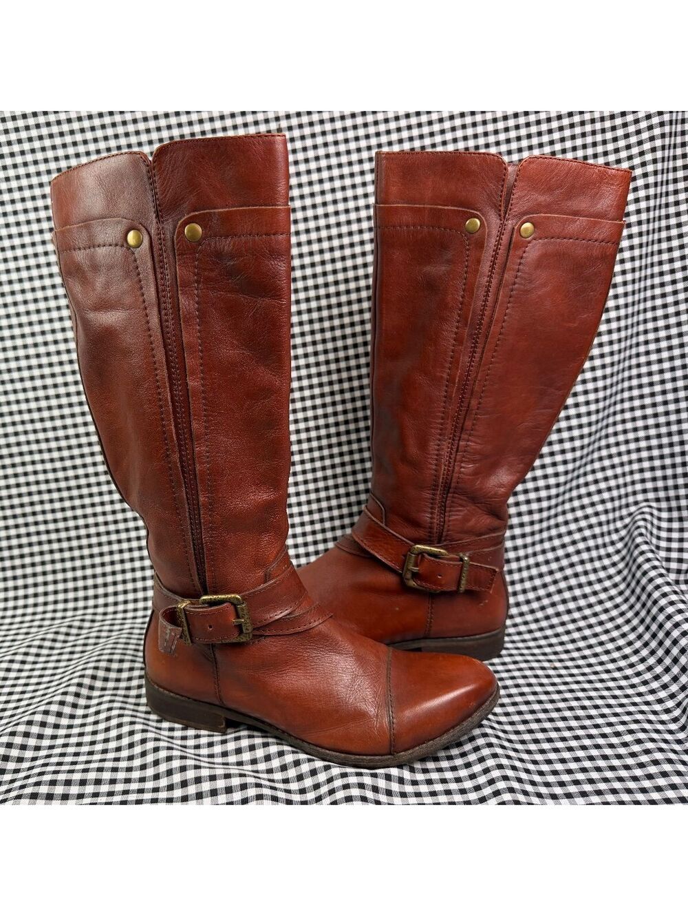 Miz Mooz Bono Women’s Size 8 Brown Leather Knee High Riding Boots Buckle Zip